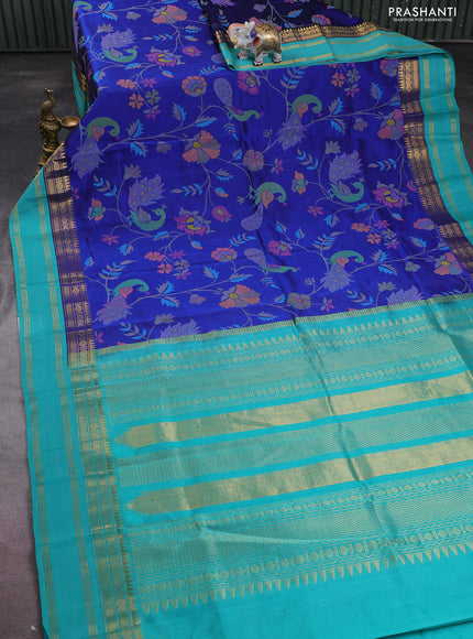 Silk cotton saree blue and teal green shade with allover kalamkari prints and rettapet zari woven border