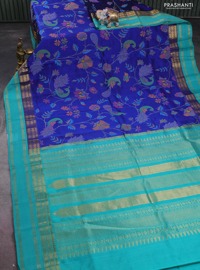 Silk cotton saree blue and teal green shade with allover kalamkari prints and rettapet zari woven border