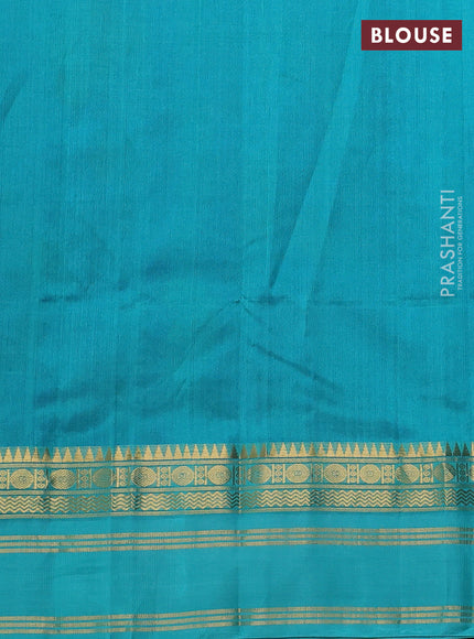 Silk cotton saree blue and teal green shade with allover kalamkari prints and rettapet zari woven border