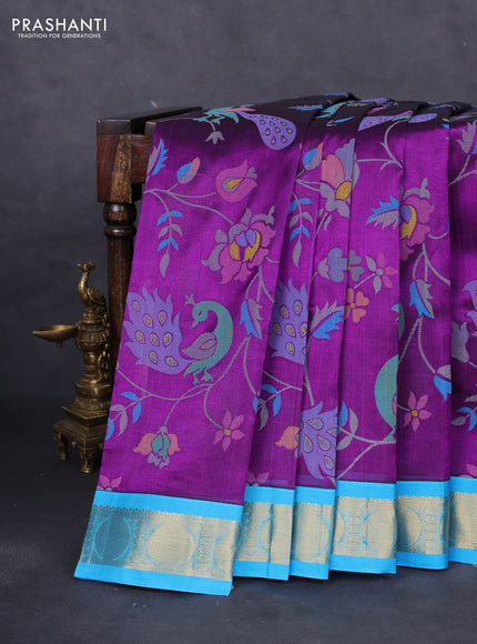 Silk cotton saree purple and cs blue with allover kalamkari prints and zari woven korvai border