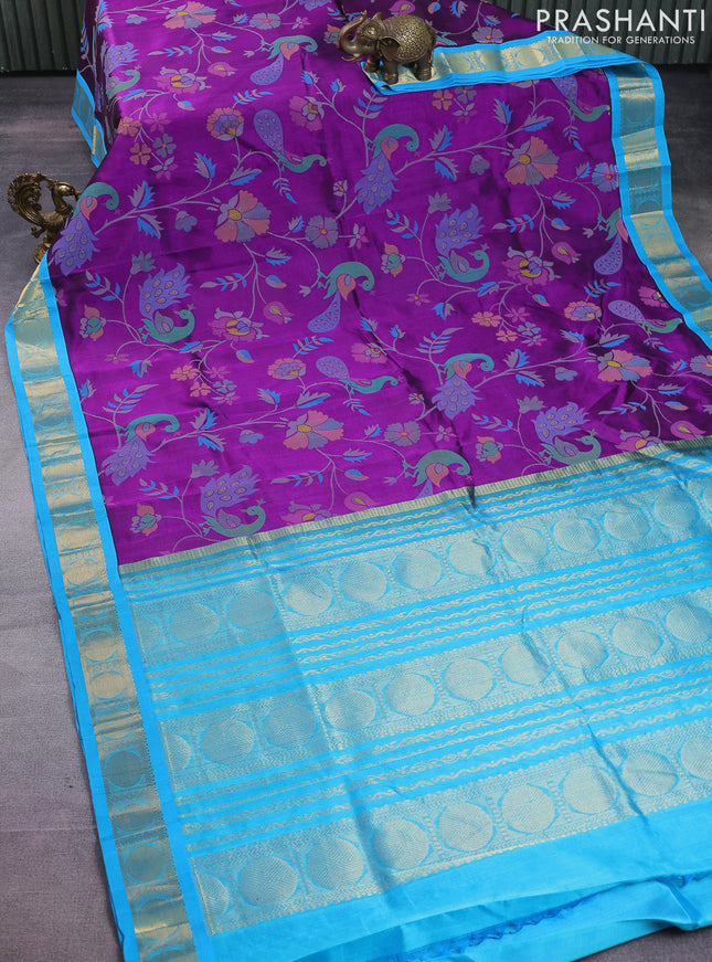 Silk cotton saree purple and cs blue with allover kalamkari prints and zari woven korvai border
