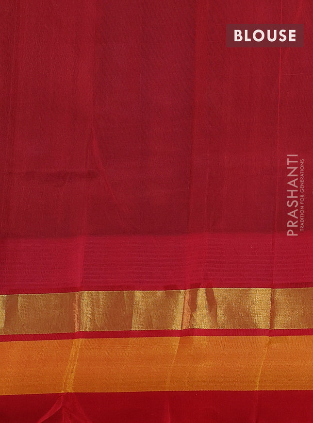 Silk cotton saree bottle green and red with allover kalamkari prints and temple design zari woven simple border