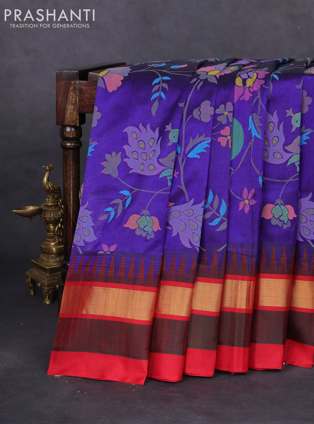 Silk cotton saree blue and red with allover kalamkari prints and temple design zari woven simple border