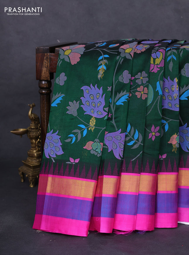 Silk cotton saree bottle green and pink with allover kalamkari prints and temple design zari woven simple border