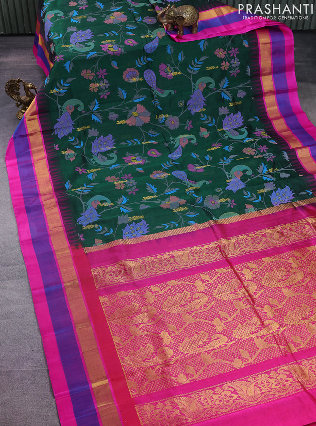 Silk cotton saree bottle green and pink with allover kalamkari prints and temple design zari woven simple border