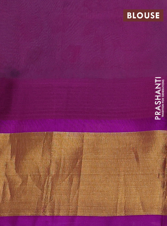 Silk cotton saree teal blue and purple with allover kalamkari prints and temple design zari woven simple border