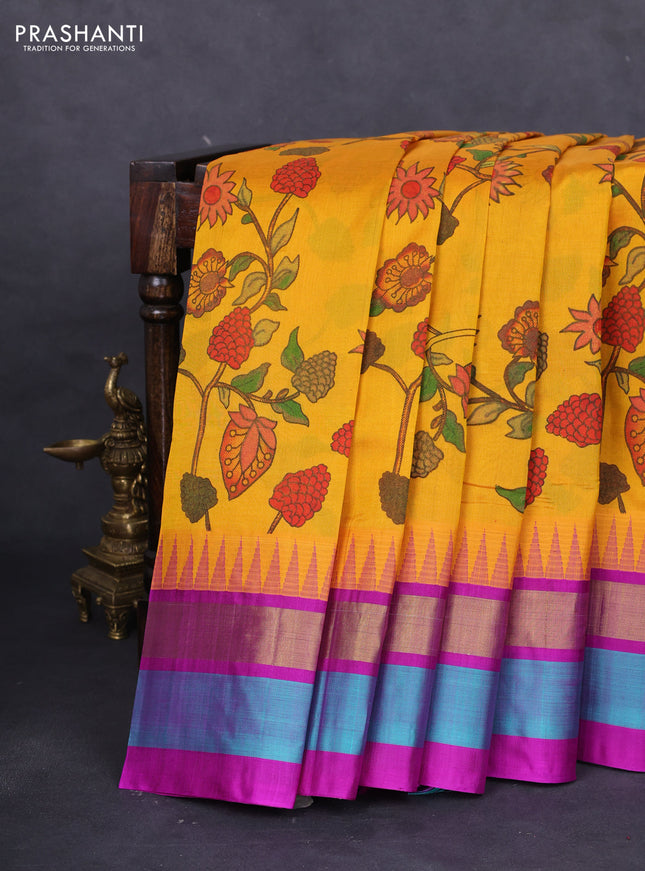 Silk cotton saree mustard yellow and purple with allover kalamkari prints and temple design zari woven simple border