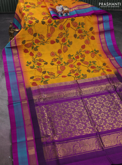 Silk cotton saree mustard yellow and purple with allover kalamkari prints and temple design zari woven simple border