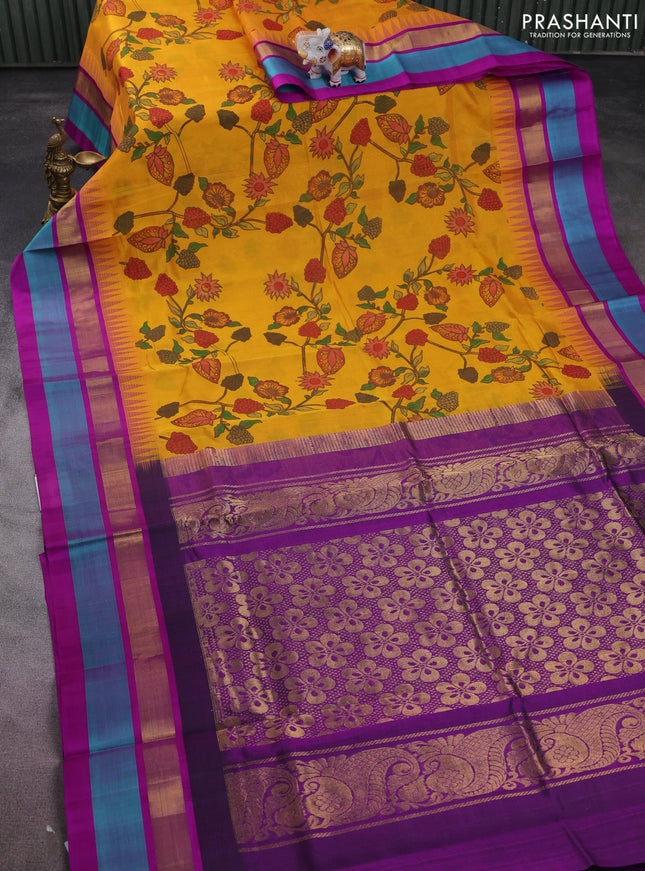 Silk cotton saree mustard yellow and purple with allover kalamkari prints and temple design zari woven simple border
