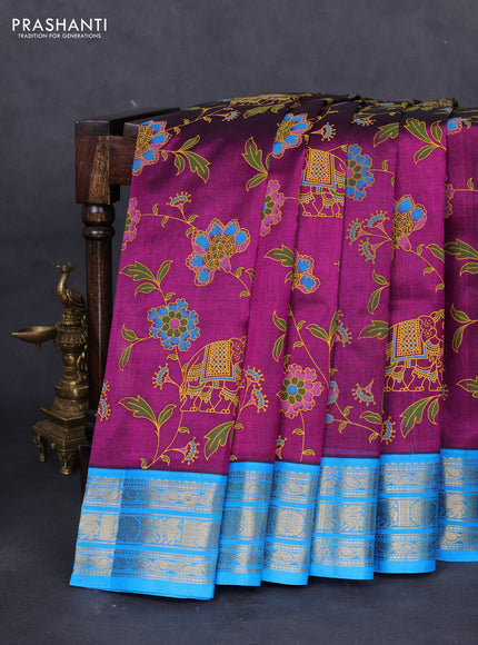 Silk cotton saree purple and cs blue with allover kalamkari prints and zari woven korvai border