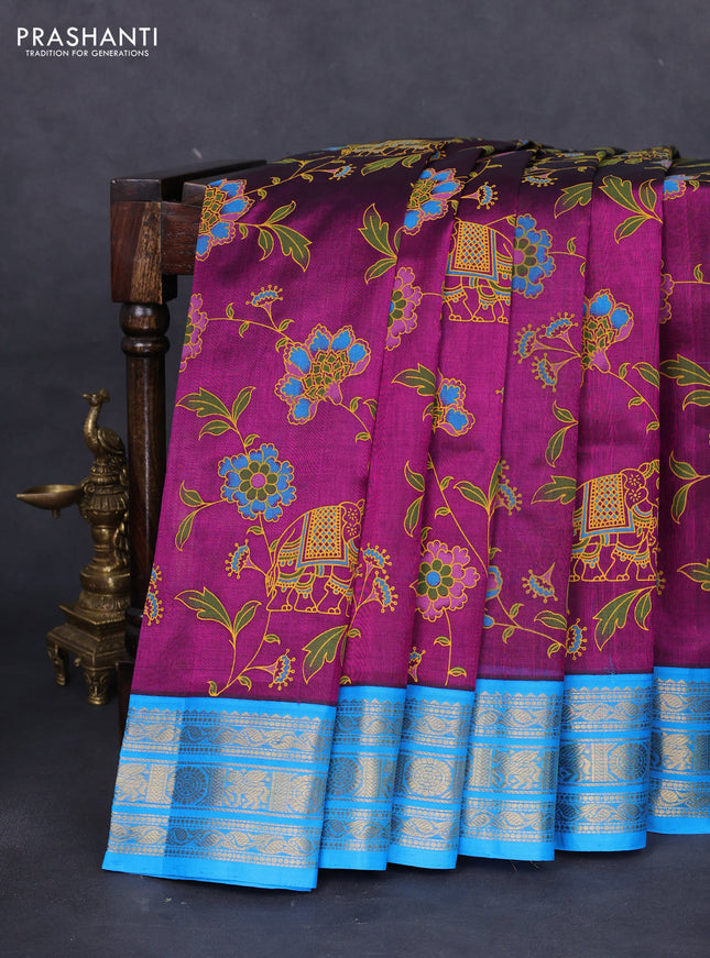 Silk cotton saree purple and cs blue with allover kalamkari prints and zari woven korvai border