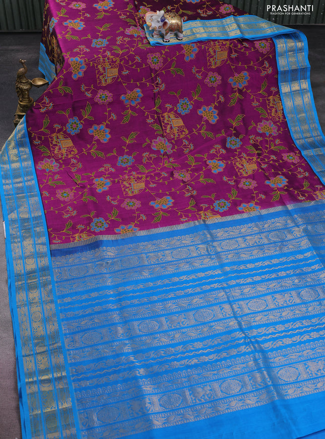 Silk cotton saree purple and cs blue with allover kalamkari prints and zari woven korvai border