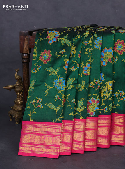 Silk cotton saree green and pink with allover kalamkari prints and zari woven korvai border