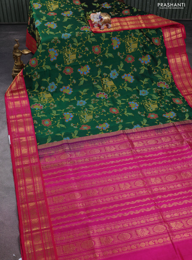 Silk cotton saree green and pink with allover kalamkari prints and zari woven korvai border