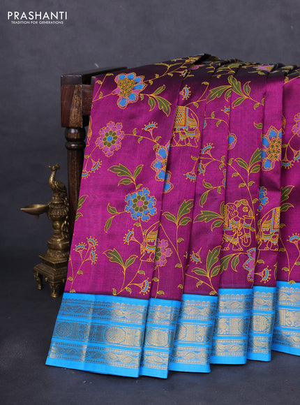 Silk cotton saree purple and cs blue with allover kalamkari prints and zari woven korvai border
