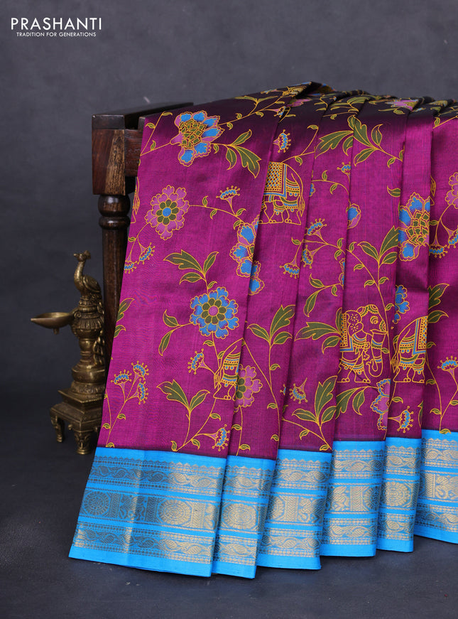Silk cotton saree purple and cs blue with allover kalamkari prints and zari woven korvai border