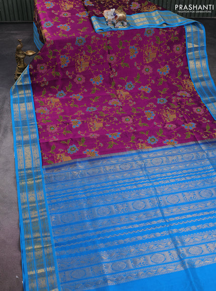Silk cotton saree purple and cs blue with allover kalamkari prints and zari woven korvai border