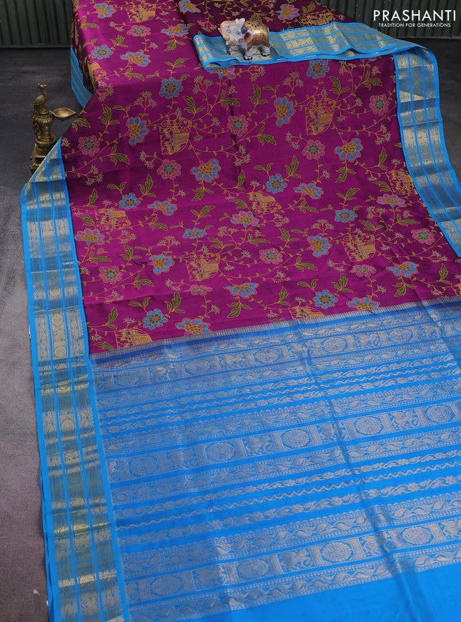 Silk cotton saree purple and cs blue with allover kalamkari prints and zari woven korvai border