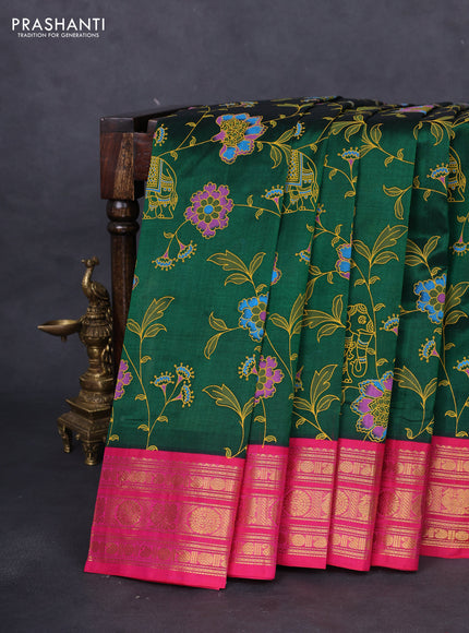 Silk cotton saree green and pink with allover kalamkari prints and zari woven korvai border