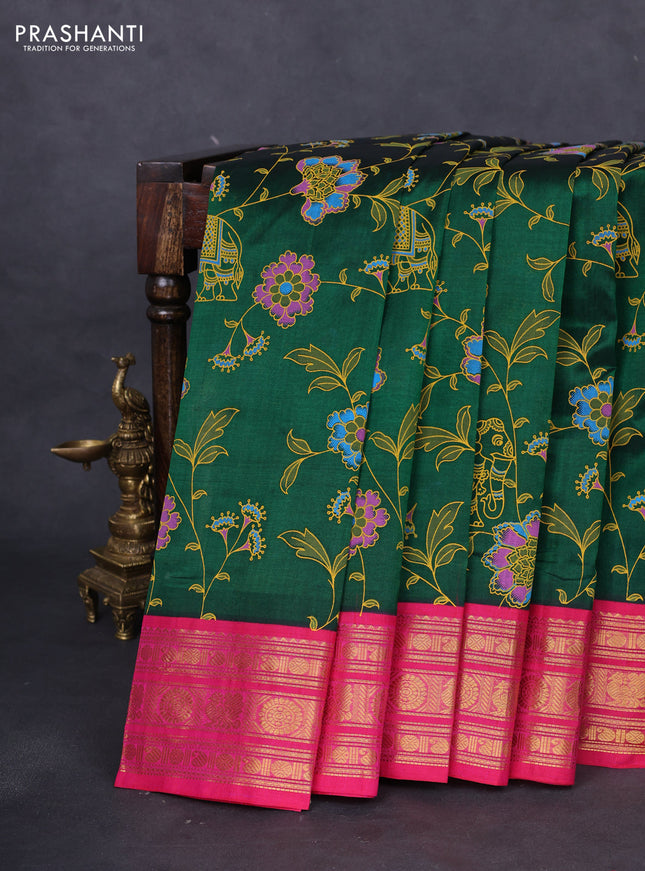 Silk cotton saree green and pink with allover kalamkari prints and zari woven korvai border