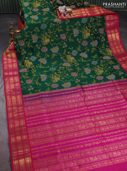 Silk cotton saree green and pink with allover kalamkari prints and zari woven korvai border