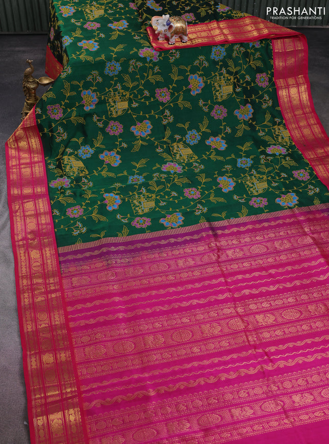 Silk cotton saree green and pink with allover kalamkari prints and zari woven korvai border