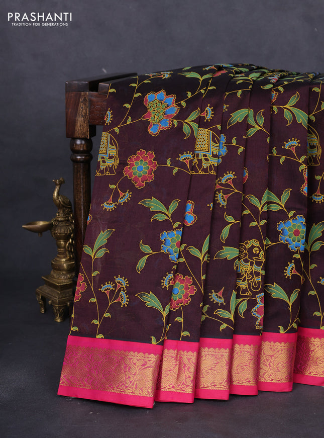 Silk cotton saree deep maroon and pink with allover kalamkari prints and zari woven korvai border