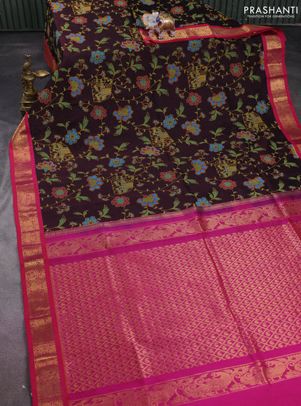 Silk cotton saree deep maroon and pink with allover kalamkari prints and zari woven korvai border