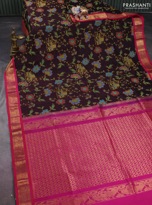 Silk cotton saree deep maroon and pink with allover kalamkari prints and zari woven korvai border