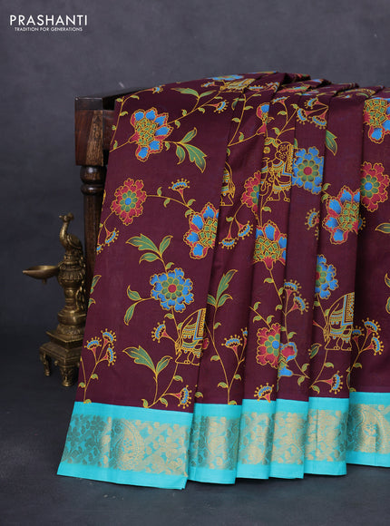 Silk cotton saree deep maroon and teal blue with allover kalamkari prints and zari woven korvai border