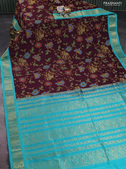 Silk cotton saree deep maroon and teal blue with allover kalamkari prints and zari woven korvai border