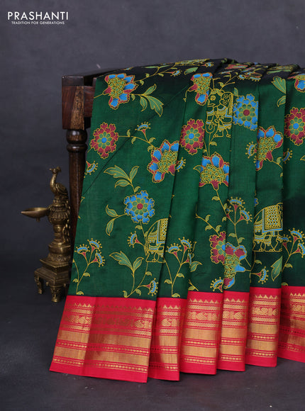 Silk cotton saree bottle green and red with allover kalamkari prints and zari woven korvai border