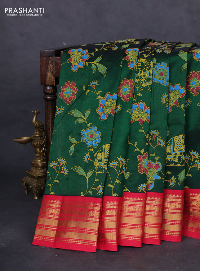 Silk cotton saree bottle green and red with allover kalamkari prints and zari woven korvai border