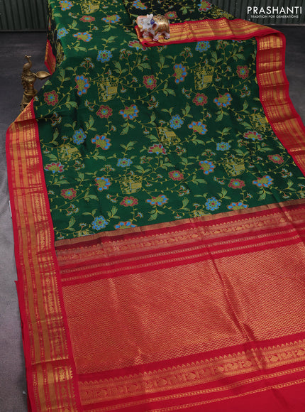 Silk cotton saree bottle green and red with allover kalamkari prints and zari woven korvai border