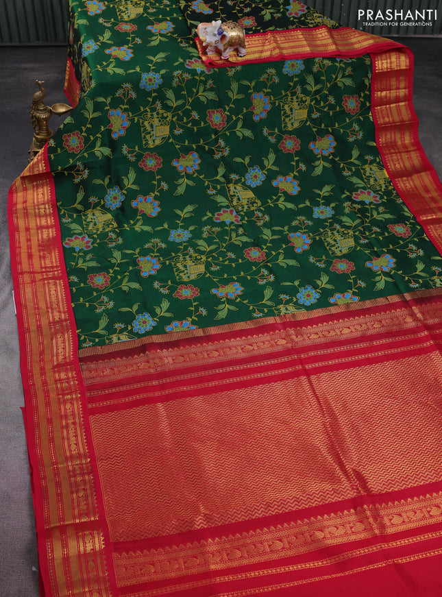 Silk cotton saree bottle green and red with allover kalamkari prints and zari woven korvai border