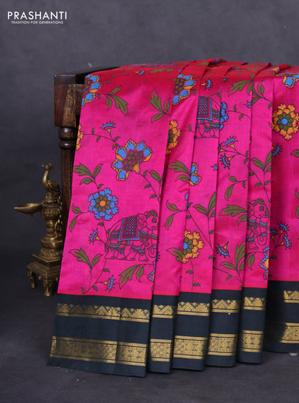 Silk cotton saree magenta pink and bottle green with allover kalamkari prints and rettapet zari woven korvai border