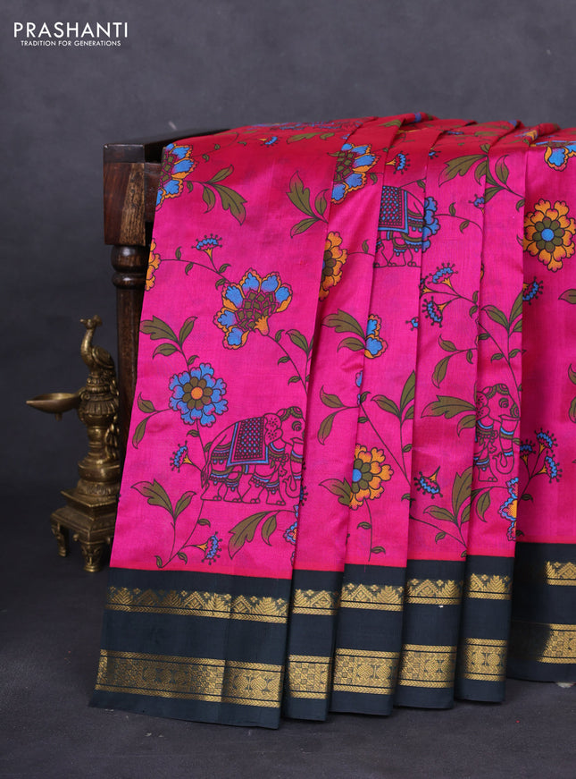 Silk cotton saree magenta pink and bottle green with allover kalamkari prints and rettapet zari woven korvai border