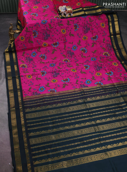 Silk cotton saree magenta pink and bottle green with allover kalamkari prints and rettapet zari woven korvai border