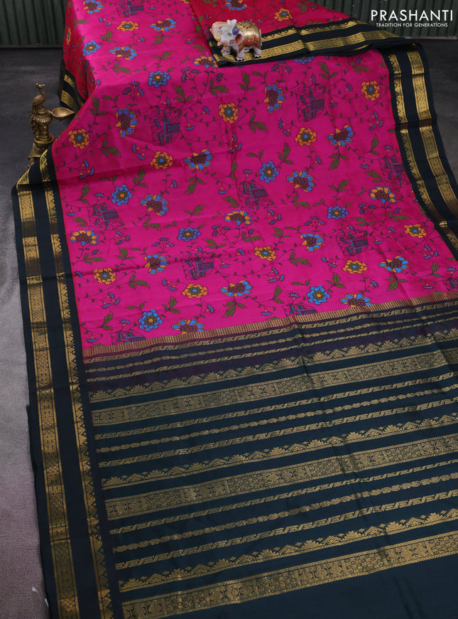 Silk cotton saree magenta pink and bottle green with allover kalamkari prints and rettapet zari woven korvai border