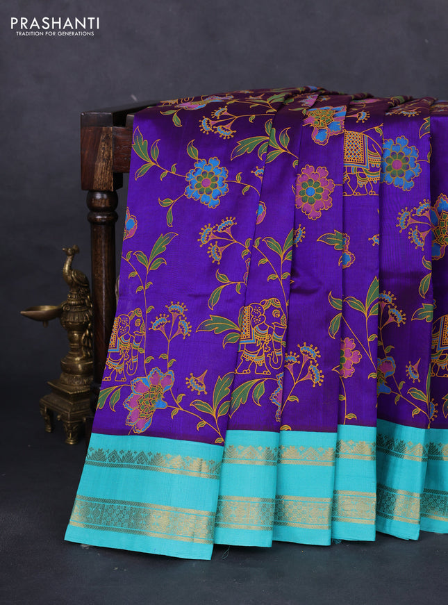 Silk cotton saree violet and teal blue with allover kalamkari prints and rettapet zari woven korvai border