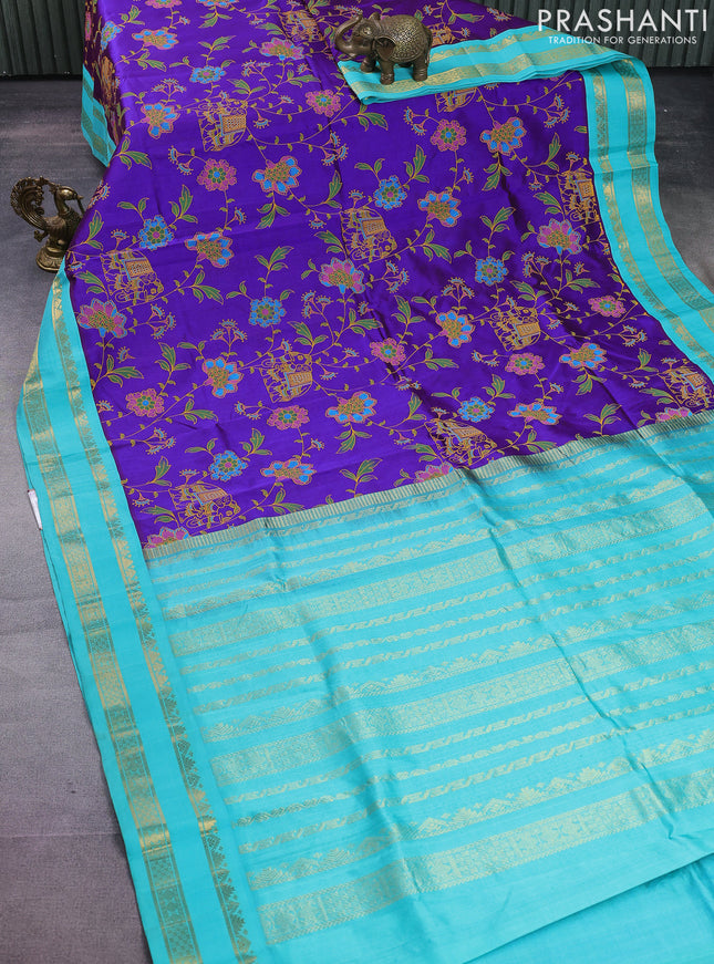 Silk cotton saree violet and teal blue with allover kalamkari prints and rettapet zari woven korvai border