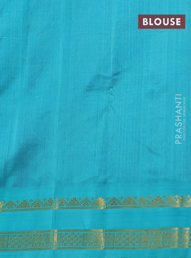 Silk cotton saree violet and teal blue with allover kalamkari prints and rettapet zari woven korvai border