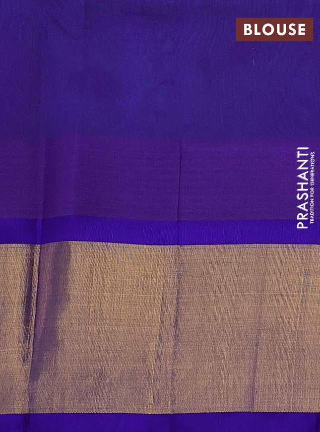 Silk cotton saree teal blue and violet with allover kalamkari prints and temple design zari woven simple border