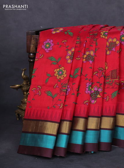 Silk cotton saree kumkum red and deep maroon with allover kalamkari prints and temple design zari woven simple border