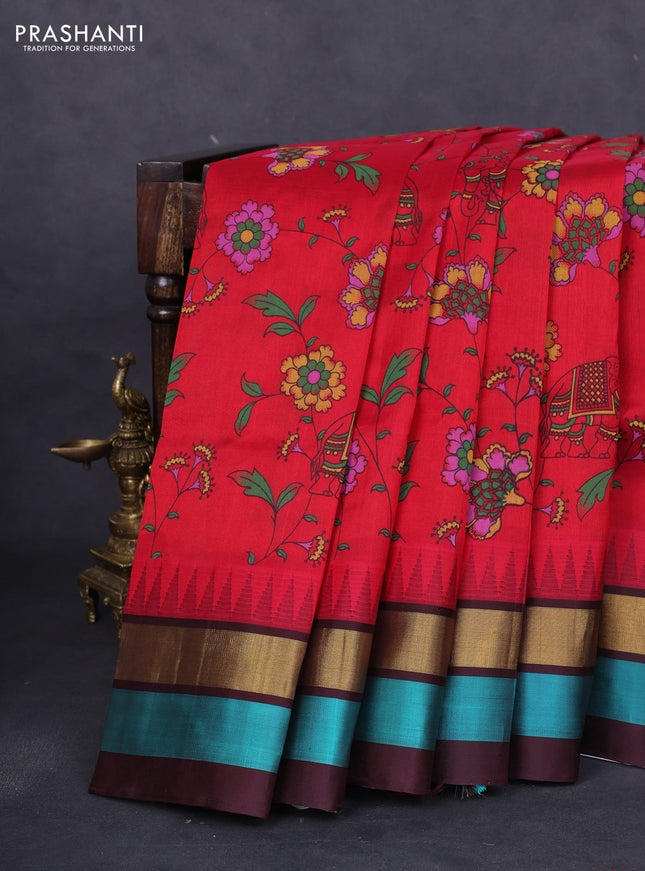 Silk cotton saree kumkum red and deep maroon with allover kalamkari prints and temple design zari woven simple border