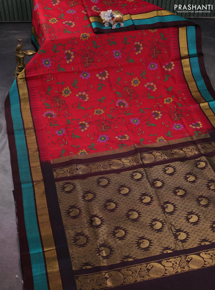 Silk cotton saree kumkum red and deep maroon with allover kalamkari prints and temple design zari woven simple border