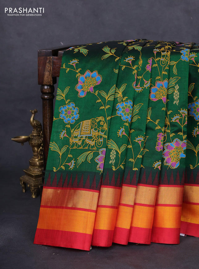 Silk cotton saree dark green and red with allover kalamkari prints and temple design zari woven simple border