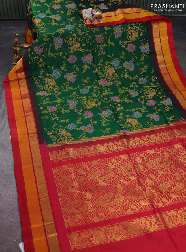 Silk cotton saree dark green and red with allover kalamkari prints and temple design zari woven simple border