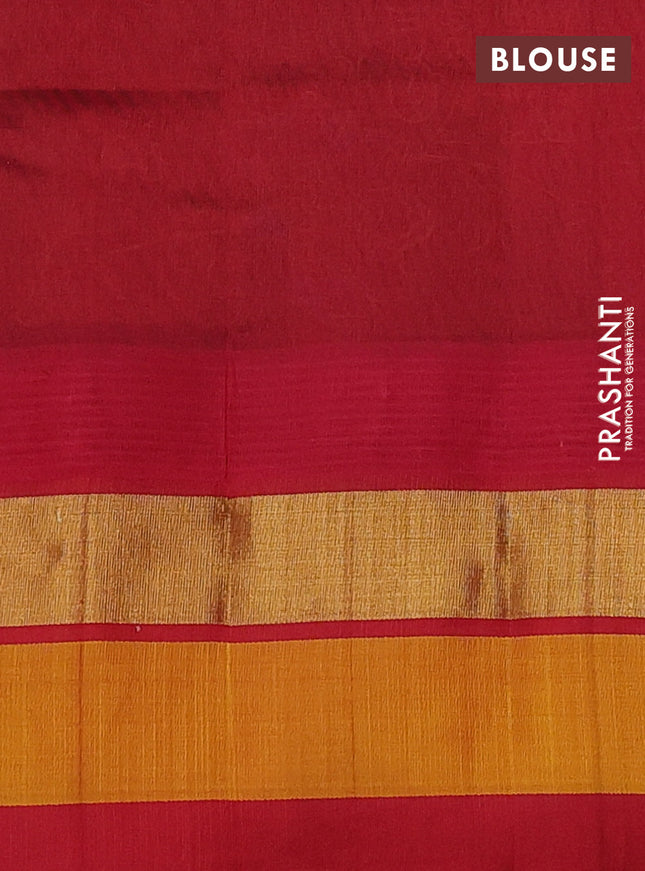Silk cotton saree dark green and red with allover kalamkari prints and temple design zari woven simple border