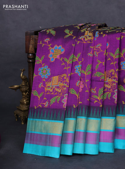 Silk cotton saree purple and teal blue with allover kalamkari prints and temple design zari woven simple border